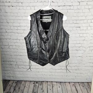 Unik Premium Black Leather Motorcycle Vest Studded Side Lace Mens 3XL